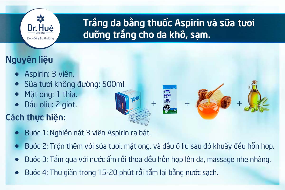 Làm trắng da bằng thuốc Aspirin + sữa tươi